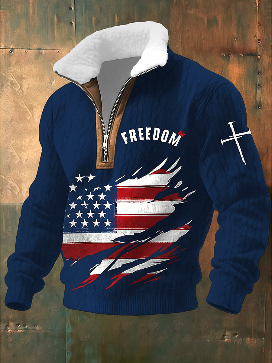 Men's Freedom American Flag Printed Jacquard Fabric Zipper Fur Collar Long Sleeve Sweatshirt